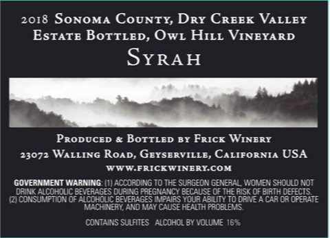 (Library) SYRAH 2018 Estate Owl Hill Vineyard, Dry Creek Valley